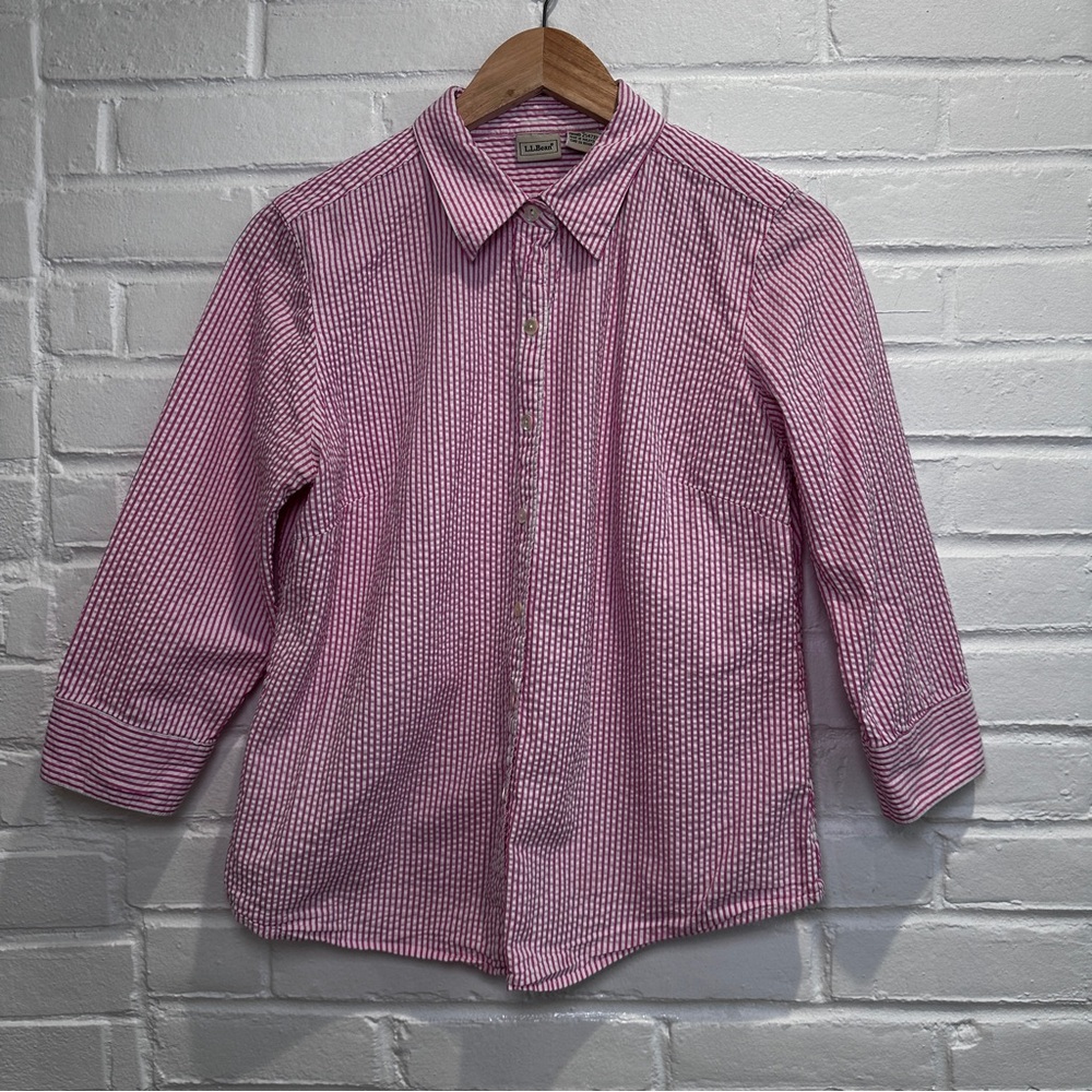 L.L. Bean Women Medium Button-Down Pinstripe 3/4 Sleeve Shirt Pink White Cotton